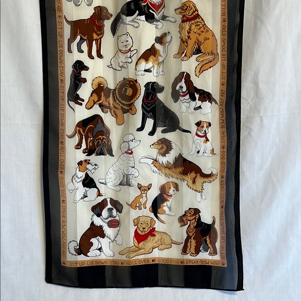 Dog Print Scarf - Black Brown White different breeds repeat pattern